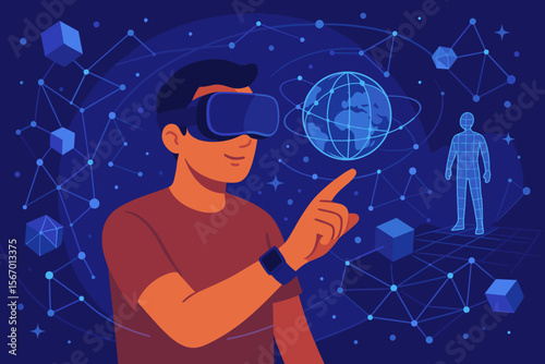 Metaverse technology concept with blockchain and virtual reality, man interacting with 3D digital globe, augmented reality simulation, global network connection, futuristic metaverse visualization