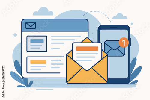 Email Inbox Notification Concept. New Message Alert on Smartphone and Web. Newsletter, Email Communication, Digital Correspondence, Flat Vector Illustration for Online Messaging and Reminder