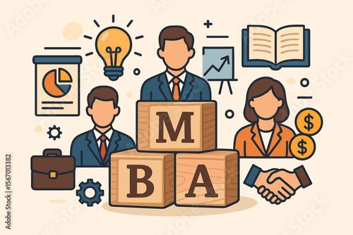 MBA Master of Business Administration Program Concept. Business Management Education, Leadership Skills, Teamwork, Career Development, Wooden Blocks, Flat Design Vector Illustration
