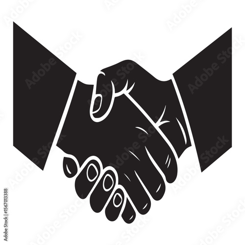 Two hands in a firm black and white handshake symbolizing agreement and partnership