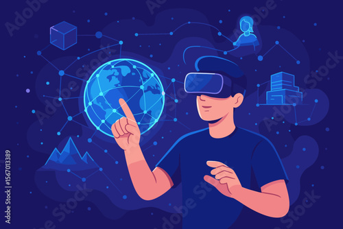 Metaverse technology concept with man interacting in virtual reality, blockchain global network, immersive 3D augmented reality, digital visualization, futuristic online simulation, AR experience