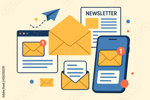Email inbox notification concept. New email alert on smartphone, newsletter subscription, message reminder, web and mobile email interface, communication, digital marketing. Flat vector illustration