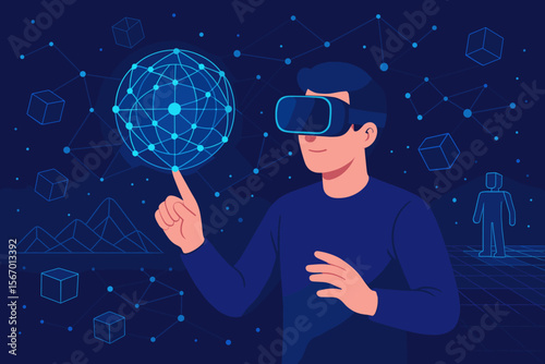Metaverse technology concept, blockchain network, man interacting with virtual reality global connection, immersive 3D simulation, augmented reality, digital visualization, futuristic cyberspace