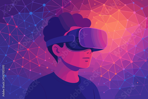 Futuristic Metaverse Technology Concept with VR Headset, Virtual Reality Simulation, Augmented Reality, 3D Visualization, Digital Innovation, Colorful Network Connections, Immersive Experience