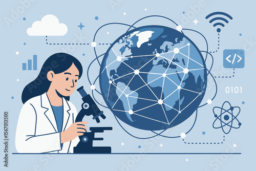 Global Science Network Concept. Female Scientist with Microscope Connecting World Through Digital Technology, Data, Internet, Coding, Research, Innovation, Communication, Modern Vector Illustration