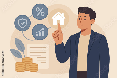 Real estate investment concept with businessman analyzing mortgage loan, home insurance, property value, interest rate, financial growth, investment planning, coins, contract, virtual house icon