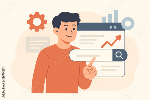SEO concept, search engine optimization, web browser data analysis, digital marketing strategy, person pointing at search bar, website analytics, growth graph, flat modern vector illustration