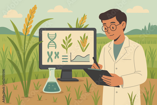 Scientist Conducting Genetic Research on Rice Plants in Field Laboratory, Chromosome Analysis, DNA Sequencing, Plant Biology Experiment, Development of High-Yield Rice Varieties