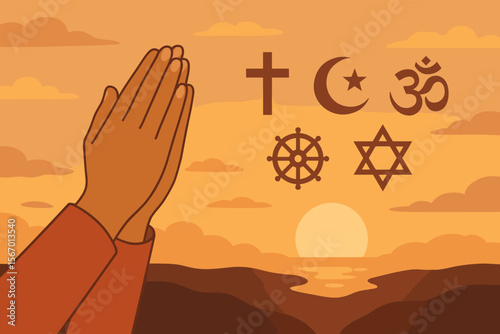 Praying hands at sunset with religious symbols. Interfaith unity, spirituality, hope, and peace. Christianity, Islam, Hinduism, Buddhism, Judaism. Diverse faiths, meditation, worship, serene landscape