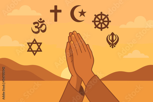 Praying hands seeking blessing at sunset with major world religion symbols. Interfaith unity, spirituality, peace, hope, meditation, diverse faiths, harmony, religious tolerance, vector illustration
