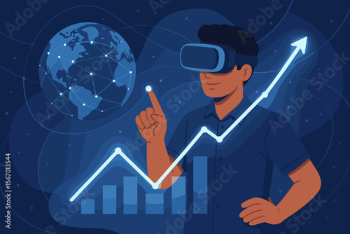 Virtual reality business analysis, VR data analytics, global network growth, AI software, digital transformation strategy, futuristic technology, planning innovation, upward graph, global connectivity