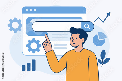 SEO concept, search engine optimization, web browser, data analysis, digital marketing, person showing search bar, website ranking, analytics, modern flat vector illustration