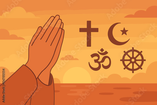 Praying hands at sunset with religious symbols. Faith unity. Christianity, Islam, Hinduism, Buddhism. Spirituality, meditation, hope, peace, diversity, interfaith, prayer, worship, harmony, religion