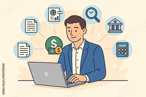 Accountant working on laptop, finance concept illustration. Financial statement, audit, invoice, tax calculator, business financing, and banking icons. Bookkeeping services.