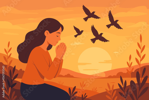 Woman Praying and Releasing Birds at Sunset, Hope and Freedom Concept, Peaceful Nature Landscape, Mindfulness, Spiritual Meditation, Inspirational Modern Flat Vector Illustration