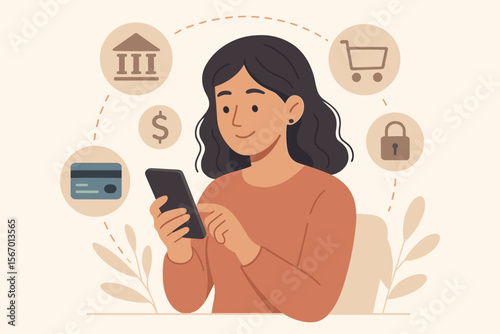Woman Using Smartphone for Online Banking, Secure Payment, Internet Shopping, Mobile Finance, Digital Transactions, E-Commerce, Cyber Security, Financial Technology, Modern Digital Lifestyle Concept