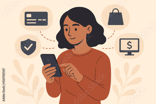 Woman Using Smartphone for Online Banking, Secure Payment, Mobile Shopping, Digital Finance Management, Cyber Security, E-Commerce Transaction, Internet Banking, Modern Financial Technology Concept