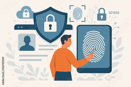 Cybersecurity and personal data protection concept. Man using fingerprint scan for secure access and identification. Biometric authentication for privacy and digital identity safety.