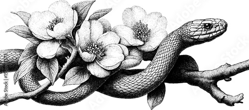 Vintage hand drawn snake and flower illustration for natural history design