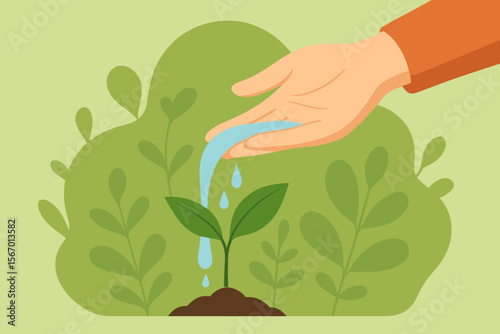 Hand Pouring Water on Young Green Plant, Environmental Conservation, Ecology, Earth Day, Sustainability, Growth, Nature Protection, Modern Flat Vector Illustration, Eco-Friendly Concept