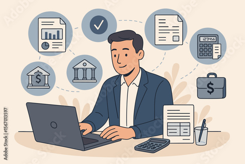 Accountant at desk with laptop working on financial management. Business concept with icons for audit, tax, banking, and investment. Bookkeeping and financial statement analysis.