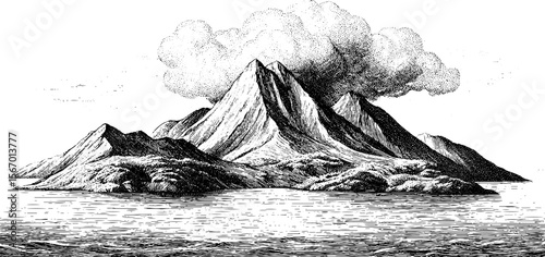 Vintage mountain, wave, and flame dotwork tattoo sketch design for artistic inspiration