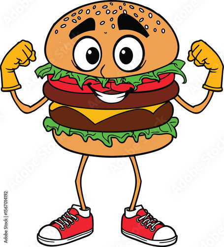 Strong burger mascot logo icon flexing arms vector illustration