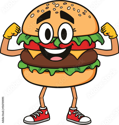 Strong happy burger mascot logo icon flexing arms vector illustration