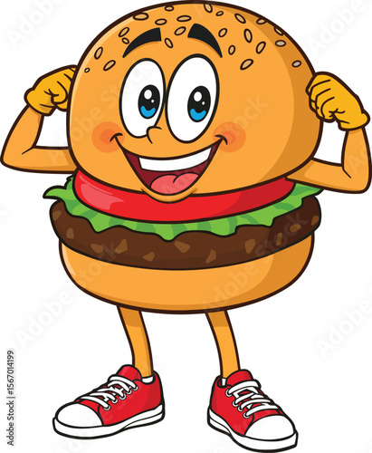 Strong burger mascot logo icon flexing arms vector illustration