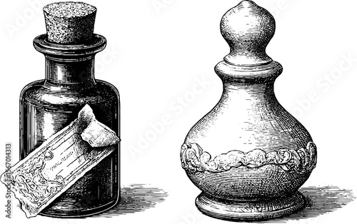 Vintage apothecary bottles with torn label design for retro decor and heritage craft projects