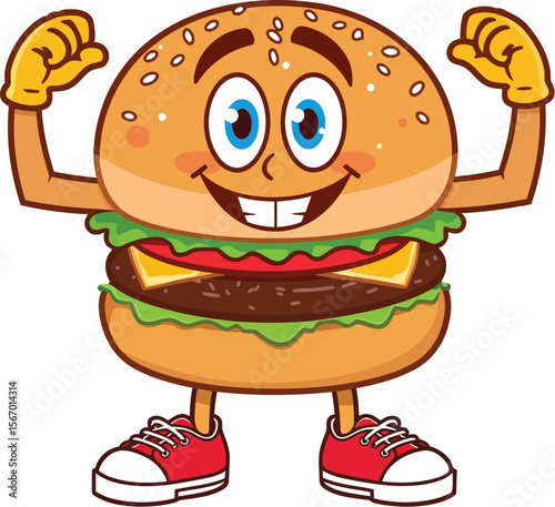 Strong burger mascot logo icon flexing arms vector illustration