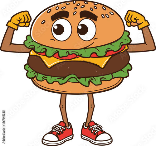 Strong burger mascot logo icon flexing arms vector illustration