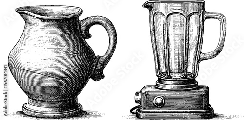 Vintage hand drawn blender and glass pitcher engraving for retro design