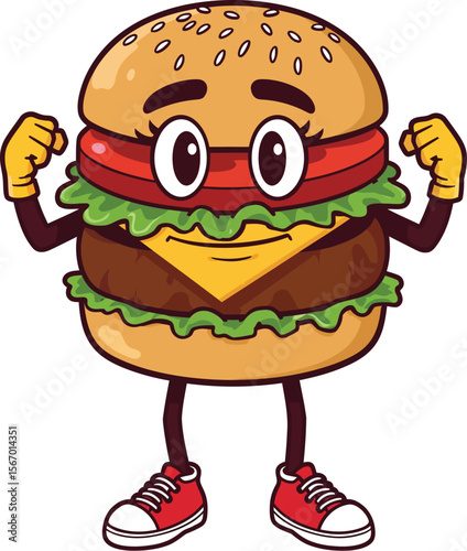 Strong burger mascot logo icon flexing arms vector illustration