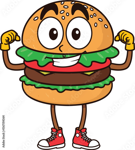 Strong burger mascot logo icon flexing arms vector illustration