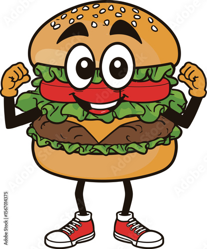 Strong burger mascot logo icon flexing arms vector illustration