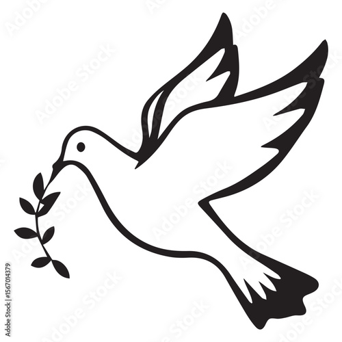 Stylized black and white dove carrying a branch in its beak symbolizing peace