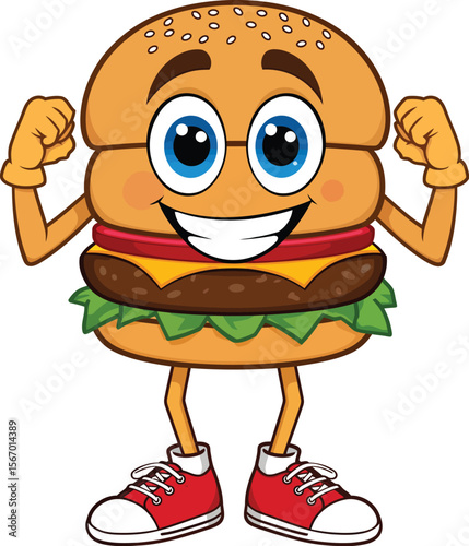 Strong burger mascot logo icon flexing arms vector illustration