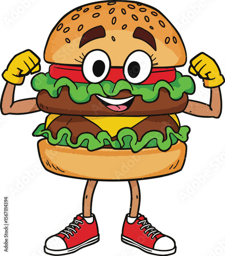 Strong burger mascot logo icon flexing arms vector illustration