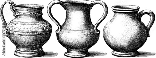 Antique ceramic jugs with distinctive necks and glaze patterns for retro designs