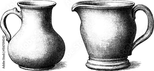 Vintage hand drawn silhouette of opaque jugs with glaze texture and drip details