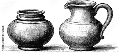Vintage hand drawn set of opaque jugs with glaze chip and drip for retro design