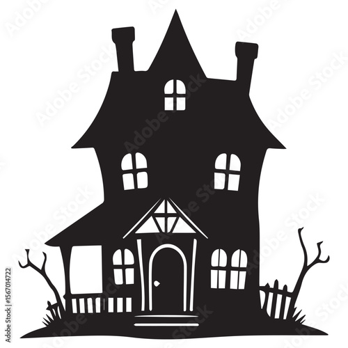 Spooky silhouette of a haunted house with bare trees and a fence
