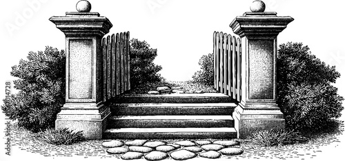 Open gate and stone pathway leading to a hidden garden retreat