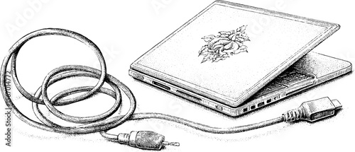 Vintage laptop with tangle of charging cable - hand drawn sketch illustration