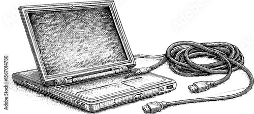 Vintage laptop with open hinge and tangled charging cable sketch for retro design