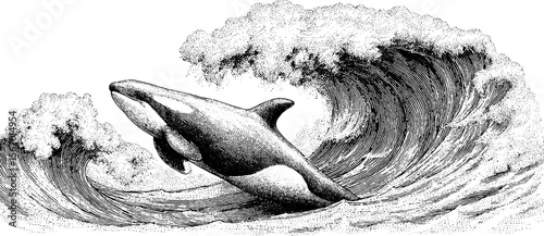 Vintage orca fin and storm wave with shark carcass in engraved style for design projects
