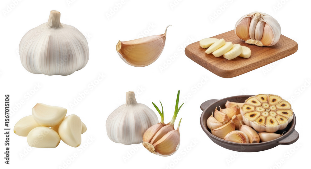 Fototapeta premium Fresh Garlic Bulbs and Cloves on Wooden Cutting Board, Perfect for Cooking and Flavoring Dishes, isolated on a transparent background