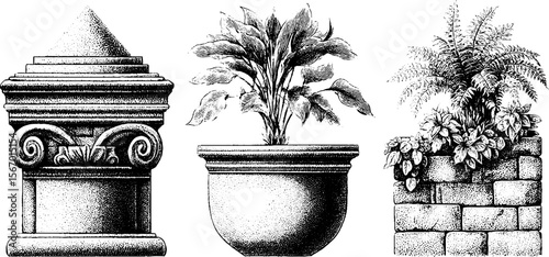 Vintage architectural monuments and decorative plant silhouettes sketch for retro design