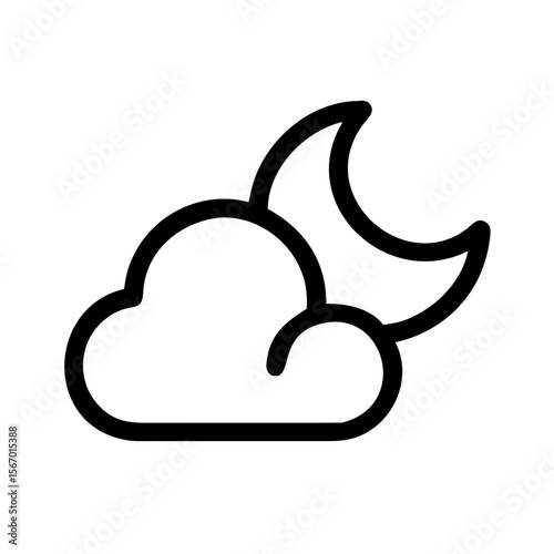 Black outline icon of a crescent moon behind a cloud, symbolizing partly cloudy night weather and nighttime conditions.
